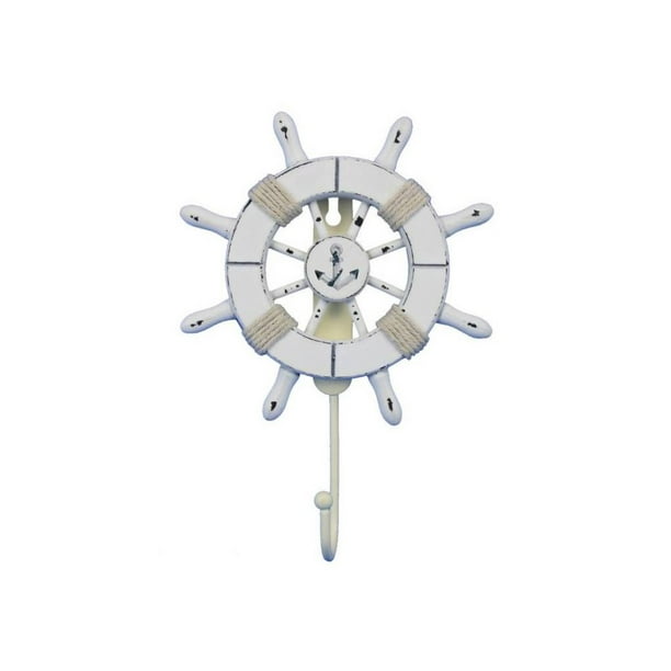 Hampton Nautical Rustic White Decorative Ship Wheel with Anchor 18 